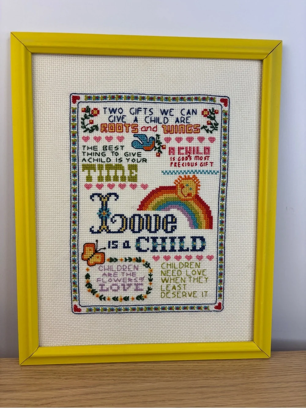 VTG Frame Cross Stitch Sampler with Rainbow, Butterfly, Bird & Lion